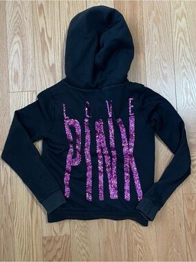 PINK Victoria's Secret Black Hoodie with Purple Sequin "LOVE PINK" Back